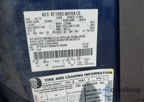 2010 Ford F-150 Fx2 Sport/Xl/Xlt from USA, damaged, VIN 1FTEW1C85AFC70559